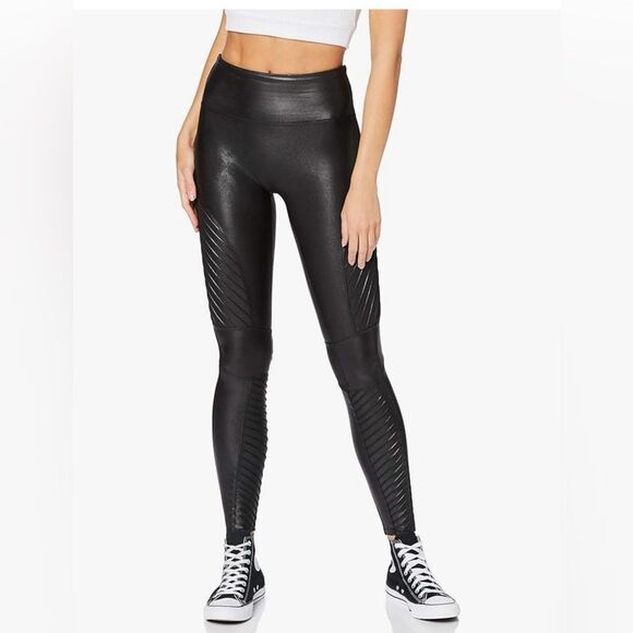 SPANX Moto Leggings Faux Leather Black Ribbed M - Picture 1 of 9